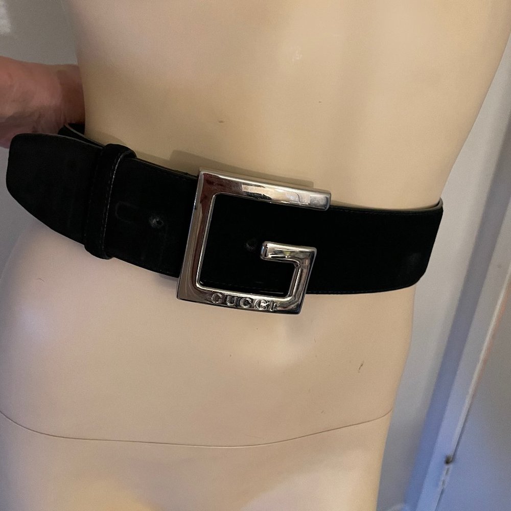 Vintage 1995 Gucci by Tom Ford Oversized G Logo Buckle Black Suede Leather Belt